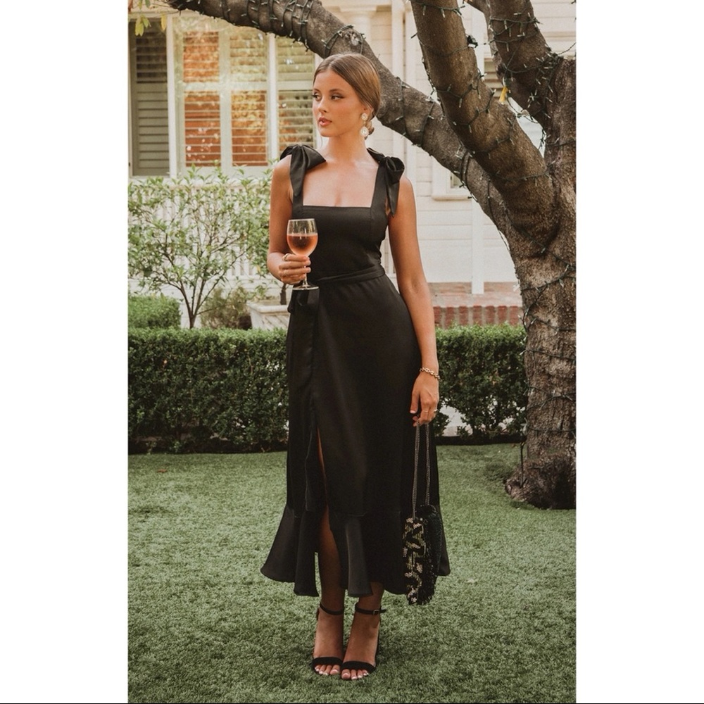 Show Me Your Mumu Claire Midi Dress Black Luxe Satin S